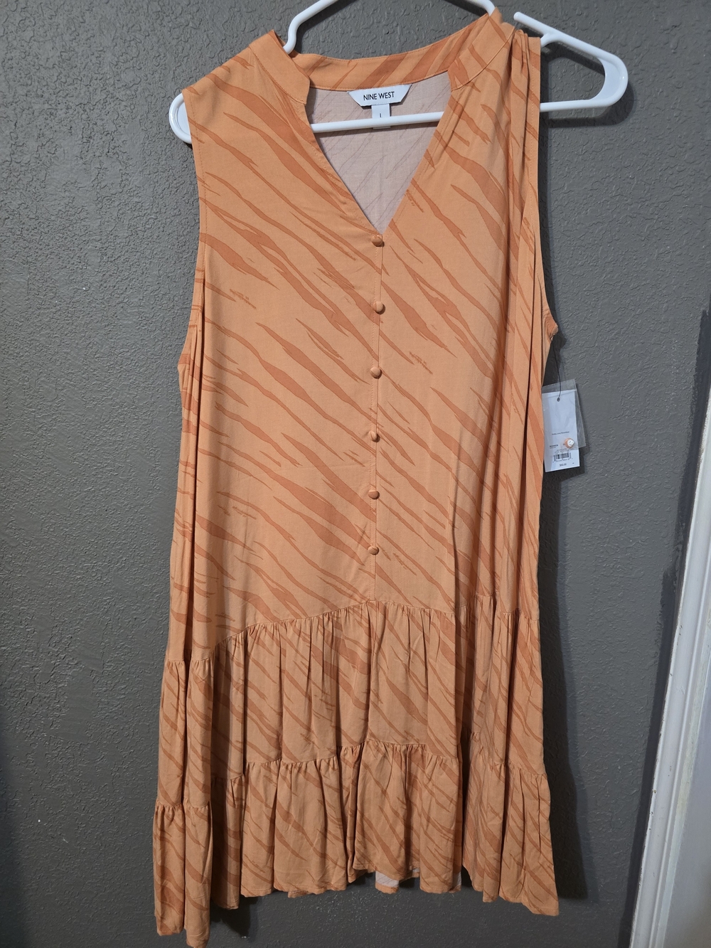Nine West Sleeveless Orange Striped Tiered V-Neck Dress